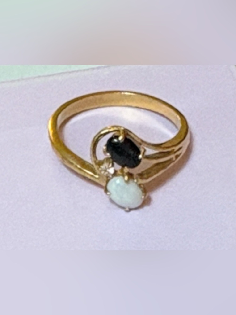 Gold-Tone Split Shank Ring with White Opal and Black Onyx